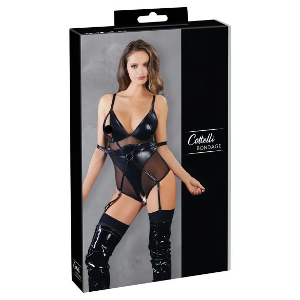 Cottelli Bondage - skinnende bodystocking med manchetter (sort)