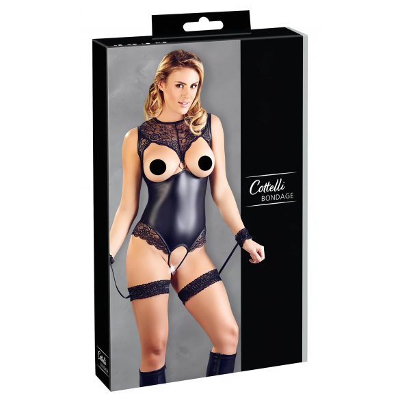 Cottelli Bondage - skinnende åben body m. håndmanchetter (sort) - XL