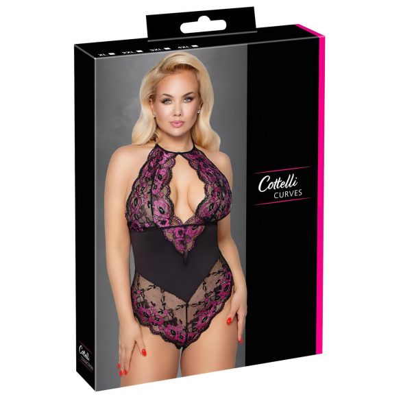 Cottelli Plus Size - Blomstrende Bodysuit (sort-lilla) - 2XL