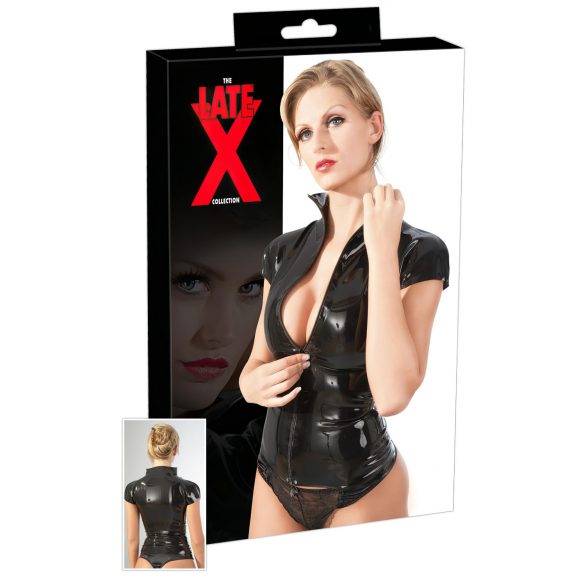 Latex kort ærme top med lynlås (sort) - 2XL