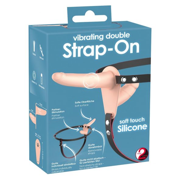 You2Toys - Strap-On - Dobbelt Dildo med Vibrator (Naturfarvet)